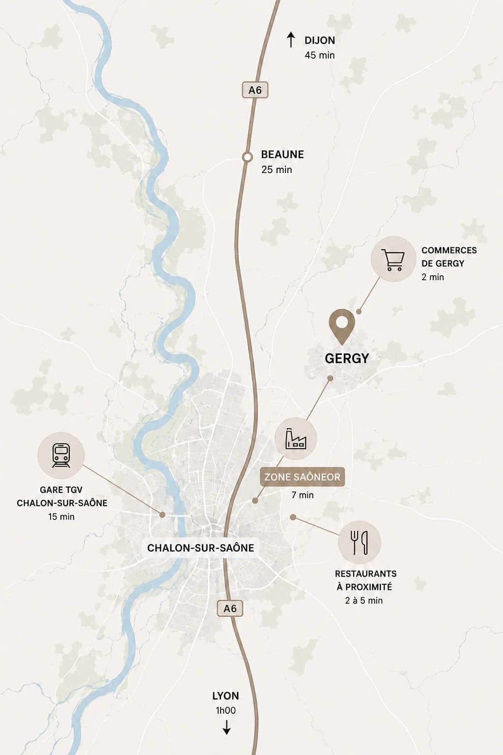 Carte de situation : Gergy, la zone SaôneOr, Chalon-sur-Saône et sa gare TGV, l'A6 vers Dijon et Lyon