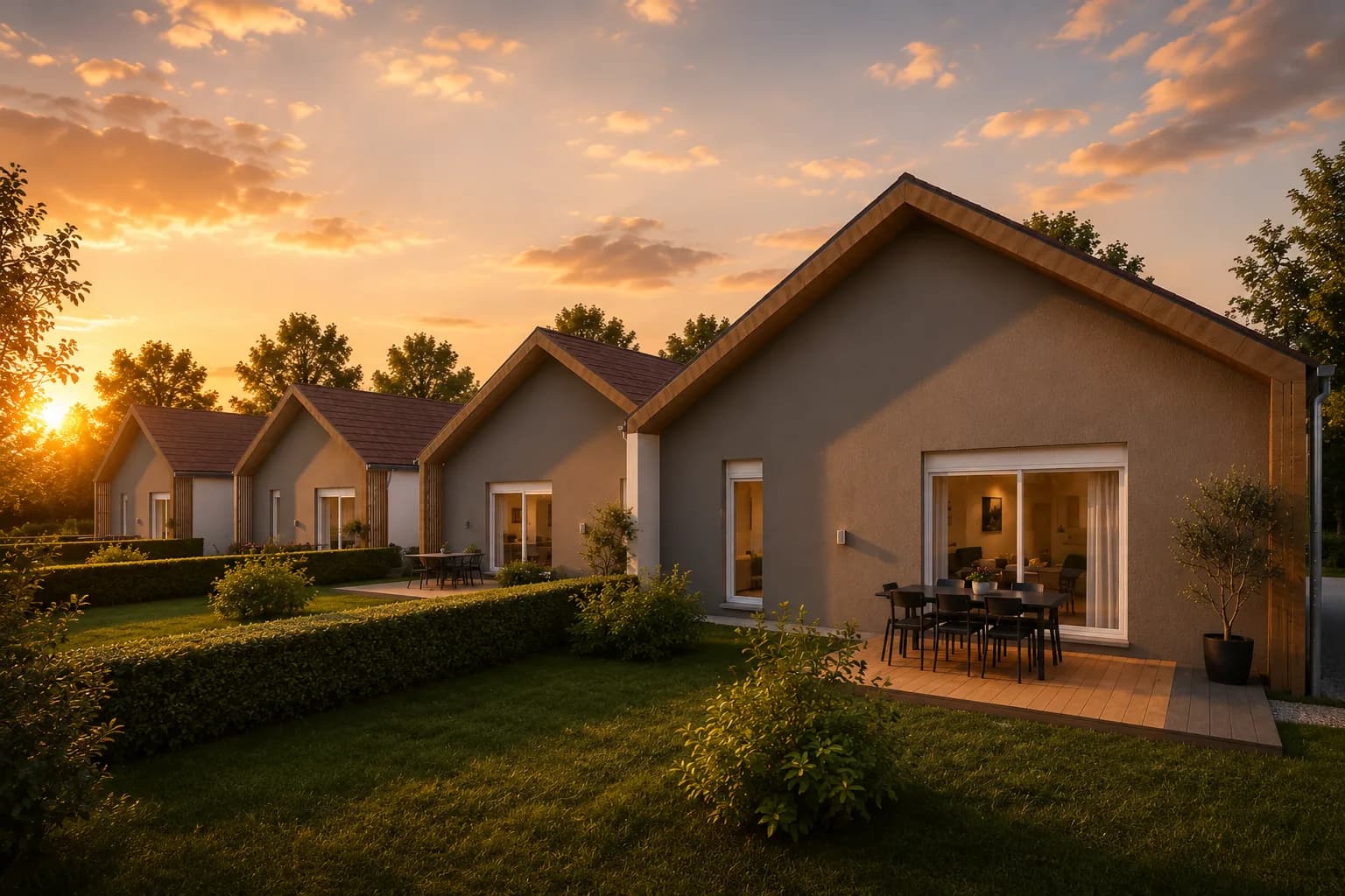 Les maisons LV PROLODGES à Gergy, vues du jardin au coucher du soleil